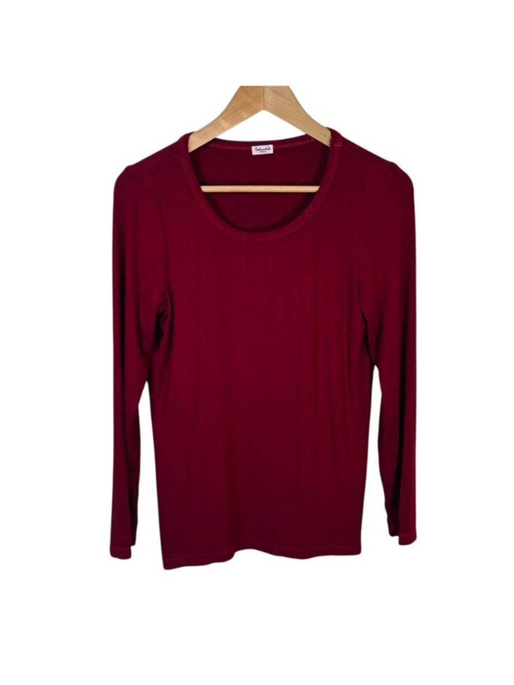 Oxblood Red Ribbed Long Sleeve Soft Stretch Fitted Layering Tee Minimalist Sz S - Picture 2 of 11